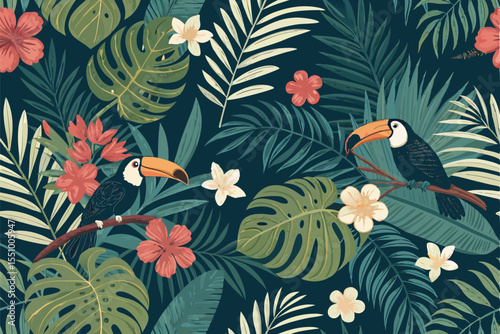 Summer Tropical Seamless Patterns – Vibrant Repeat Backgrounds with Palm Leaves, Exotic Flowers, and Beach Elements – Perfect for Fabric Prints, Stationery, Packaging, and Digital Design

