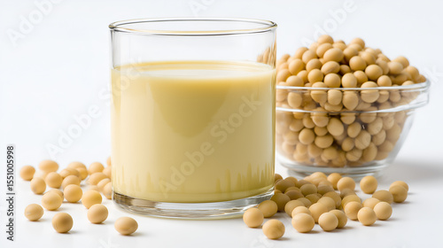 A glass of soybean milk and soybeans with a sense of purity and health