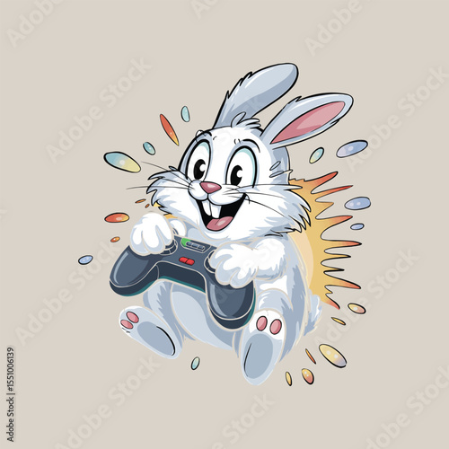 Rabbit Playing Video Game vector illustration,Generative Ai