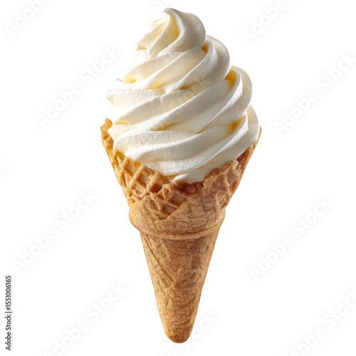 Creamy vanilla soft serve in a waffle cone