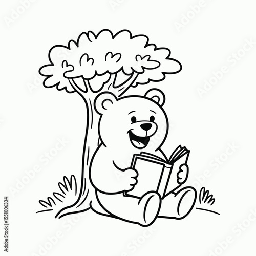 Cute bear reading book under tree cartoon vector illustration,Generative Ai
