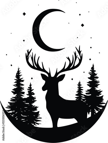 Majestic stag silhouette, crescent moon, pine trees: editable vector illustration, nocturnal forest scene, elegant design.