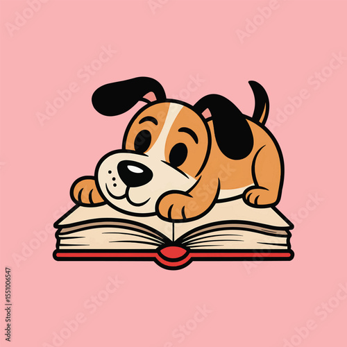 Cute dog on open book cartoon vector illustration,Generative Ai