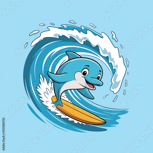 Cute dolphin surfing cartoon vector illustration,Generative Ai