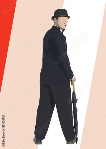 024-45-Stylish man in bowler hat and suit walking with closed umbrella, creating a sophisticated atmosphere. Hand drawn illustration