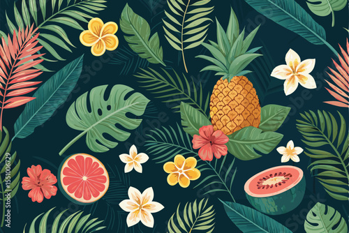 Summer Tropical Seamless Patterns – Vibrant Repeat Backgrounds with Palm Leaves, Exotic Flowers, and Beach Elements – Perfect for Fabric Prints, Stationery, Packaging, and Digital Design

