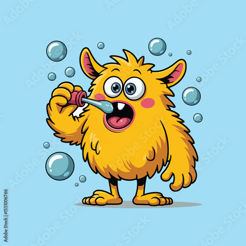 Cute yellow monster blowing bubbles cartoon vector illustration,Generative Ai