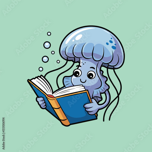 Cute jellyfish reading book cartoon vector illustration,Generative Ai