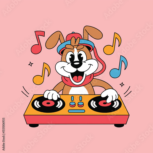 Cute dog DJ spinning music cartoon vector illustration,Generative Ai