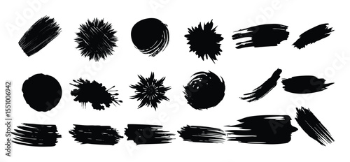 Vector illustration set of hand-drawn black ink splash, brush leaf, sun, flower, and autumn grunge paint decoration