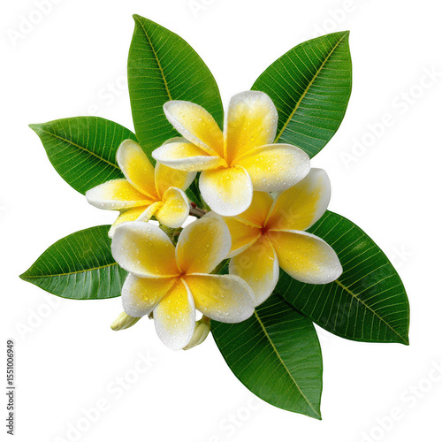 Close-up of a cluster of plumeria blossoms, vibrant yellow with white centers, nestled amidst lush green leaves
