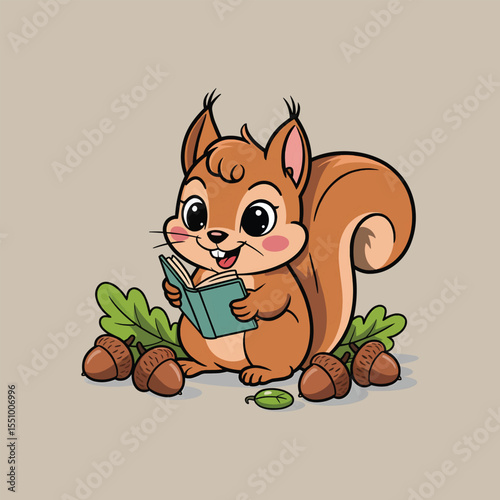 Cute squirrel reading book with acorns cartoon vector illustration,Generative Ai