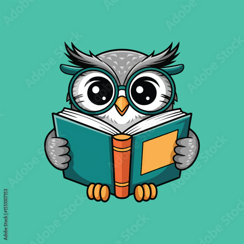 Cute owl reading book with glasses cartoon vector illustration,Generative Ai