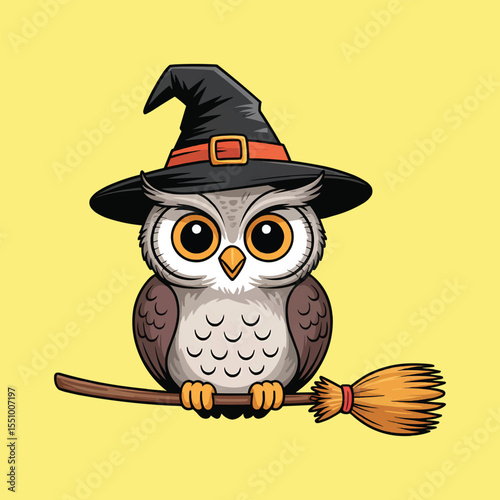 Cute owl with witch hat and broom cartoon vector illustration,Generative Ai
