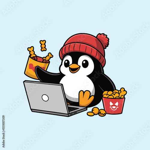Penguin eating popcorn and watching laptop cartoon vector illustration,Generative Ai