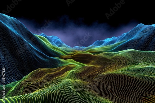 Abstract lineart landscape Blue and yellow mountains under a dark smoky sky