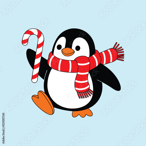 Cute penguin with scarf and candy cane vector illustration,Generative Ai