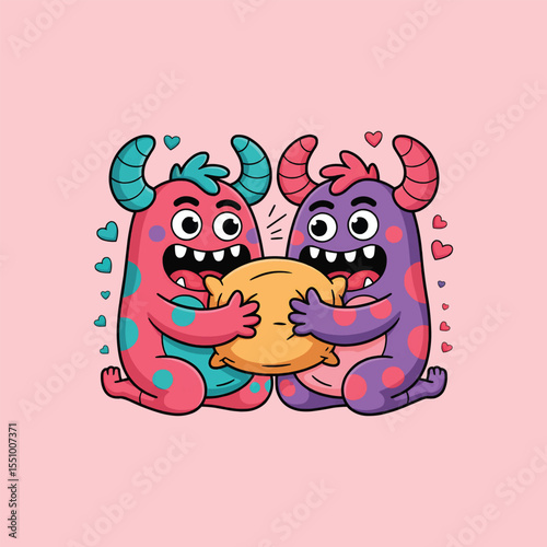 Cute monsters pillow fight cartoon vector illustration,Generative Ai