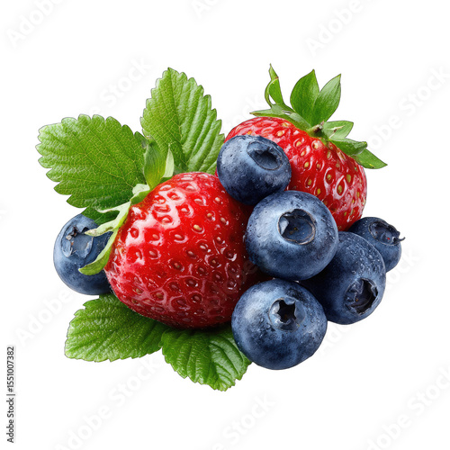 Fresh red strawberries and blueberries with green leaves