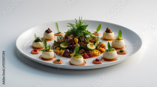 Gourmet dish featuring creamy mounds, vibrant vegetable medley, and artistic sauce drizzles.  Elegant plating on a white circular plate.