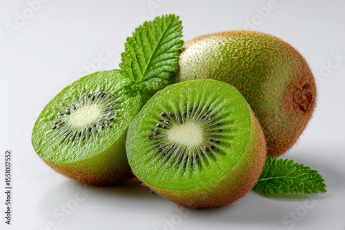 a whole kiwi with a halved kiwi beside it