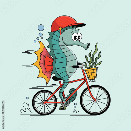 Cartoon seahorse riding bicycle vector illustration,Generative Ai