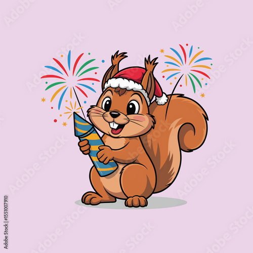 Cartoon squirrel with fireworks and Santa hat vector illustration,Generative Ai