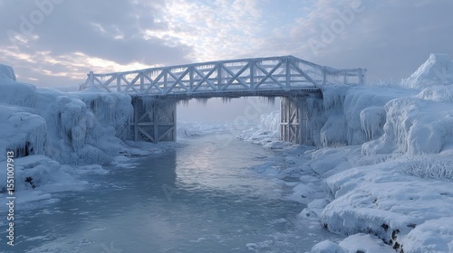 A metal bridge spans a frozen river, surrounded by ice-covered rocks and an overcast sky.