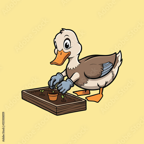 Cartoon duck planting in tray vector illustration,Generative Ai