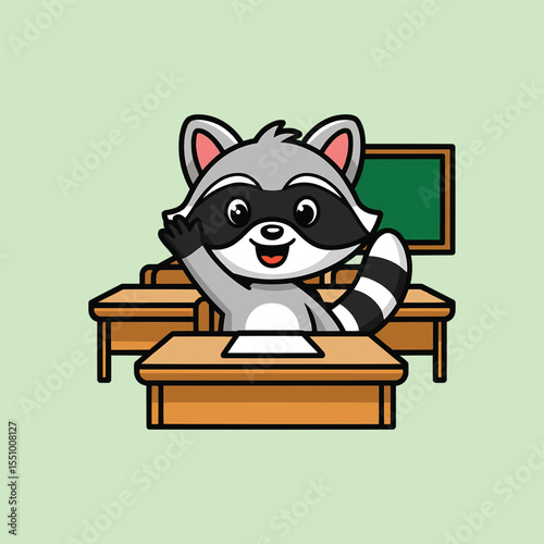 Cartoon raccoon student in classroom vector illustration,Generative Ai