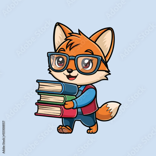 Cartoon fox holding books vector illustration,Generative Ai