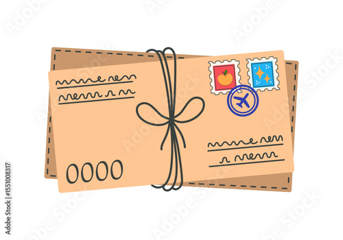 Stack of closed letters, vector icon. Envelopes with handwritten text, bright postage stamps, seal. Message from a pen pal, postcard from travel. Postal correspondence tied with string. Hand drawn art