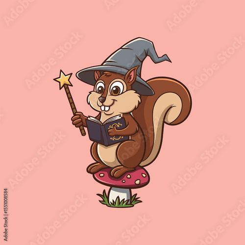 Cartoon wizard squirrel with wand vector illustration,Generative Ai