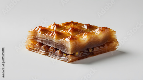 A delectable piece of baklava, showcasing its flaky layers and glistening syrup.  Pistachios are visible within the sweet treat, promising a rich and nutty flavor.