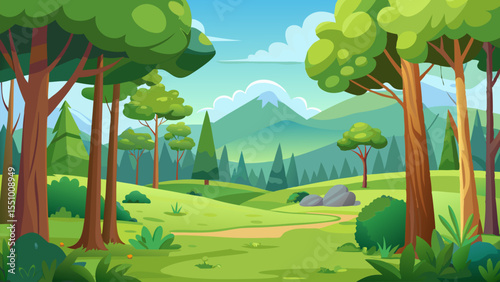 Serene Landscape. Picturesque Mountain View with Lush Green Forest and Winding Path