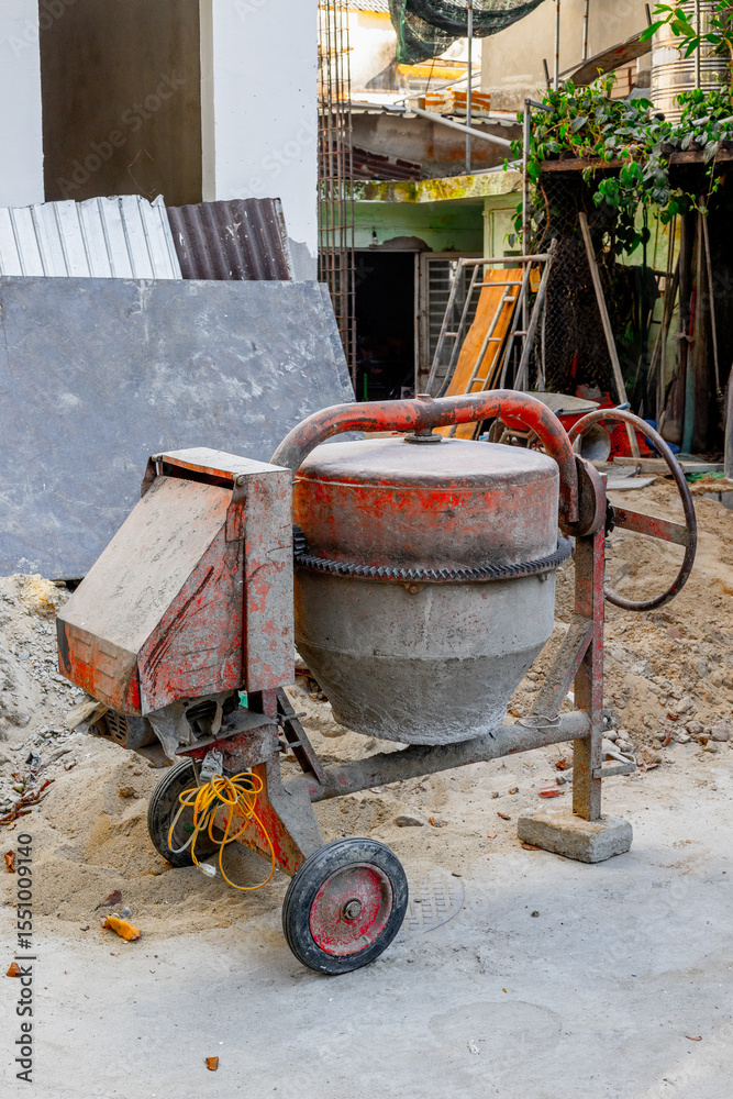 Weathered cement mixer on construction site with rust and sand Weathered cement mixer on construction site with rust and sand