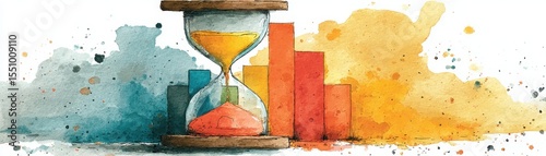 Panel kuchenny z motywem A watercolor illustration featuring an hourglass with sand flowing, set against a colorful background with abstract shapes and splashes.
