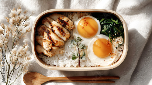 a bento box containing rice, grilled chicken, fried egg and green vegetables