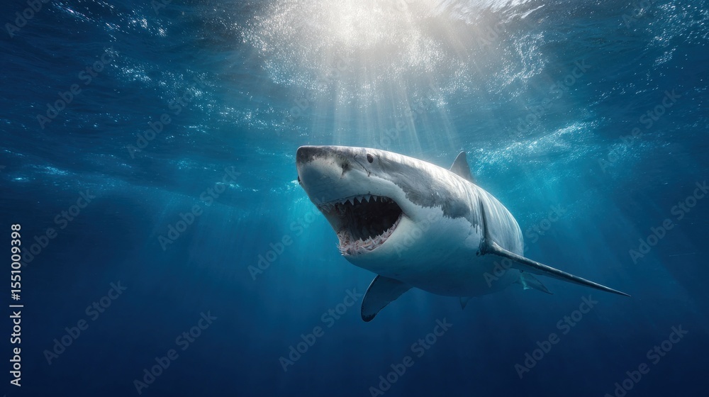Fototapeta premium Dramatic Close-Up of Great White Shark Swimming Toward Sunlit Ocean Surface