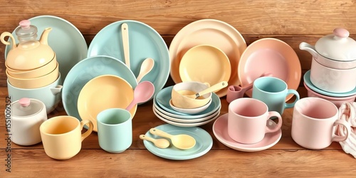Cute kitchenware set, pastel colors, utensils, plates, bowls, mugs,  on a wooden table,   shabby chic,  pastel