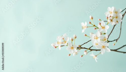 Delicate white blossoms, soft blue-green backdrop, pastel hues, studio lighting ,  serene,  botanical