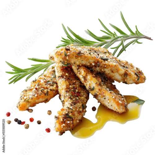 Crispy, seasoned chicken strips, drizzled with oil, garnished with rosemary and peppercorns