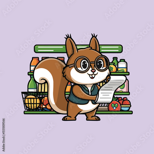 Squirrel Shopping with Grocery List Vector Illustration,Generative Ai