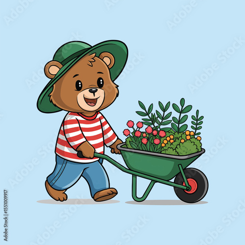Cartoon Bear Pushing Wheelbarrow Full of Plants Vector Illustration,Generative Ai
