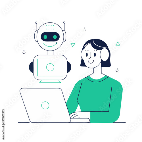 Woman with laptop searching internet with robot as AI agent