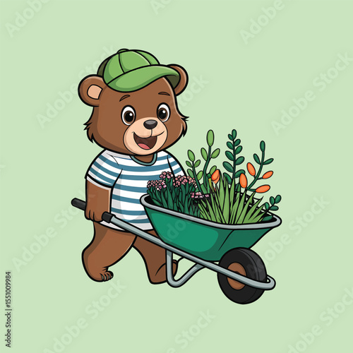 Cartoon Bear Pushing Wheelbarrow Full of Plants Vector Illustration,Generative Ai