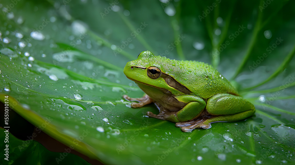 Naklejka premium Save the Frog Day, a green frog sits on a lotus leaf in a pond, the rain wets the leaf and the water ripples gently. Fresh green tropical forest background. AI generated images.