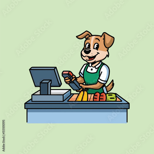 Cartoon Dog Cashier Scanning Fruits at Checkout Vector Illustration,Generative Ai