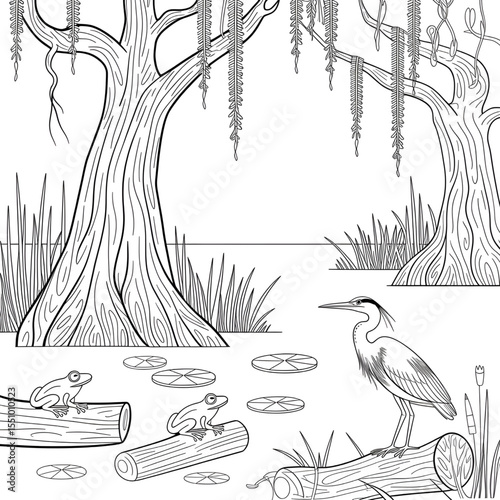 A black and white swamp illustration line art of a coloring page