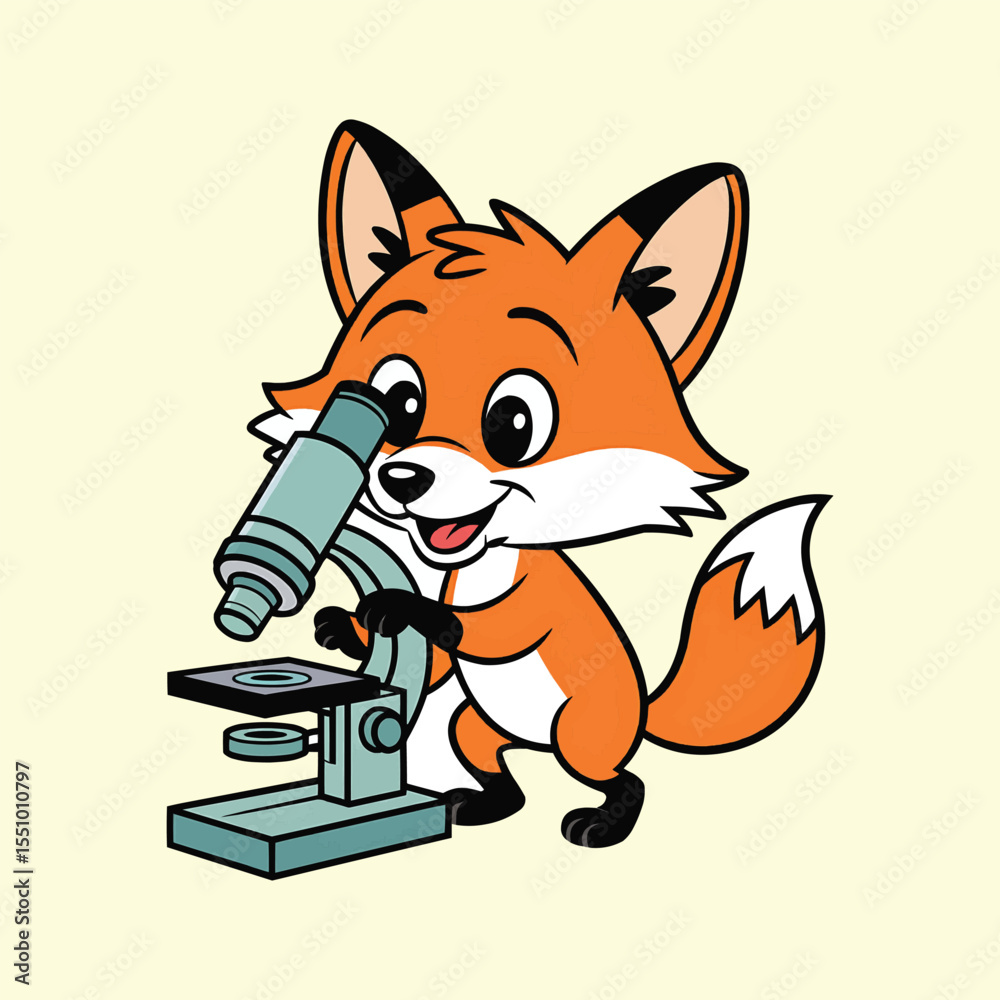 Obraz premium Cartoon Fox Scientist Looking Through Microscope Vector Illustration,Generative Ai